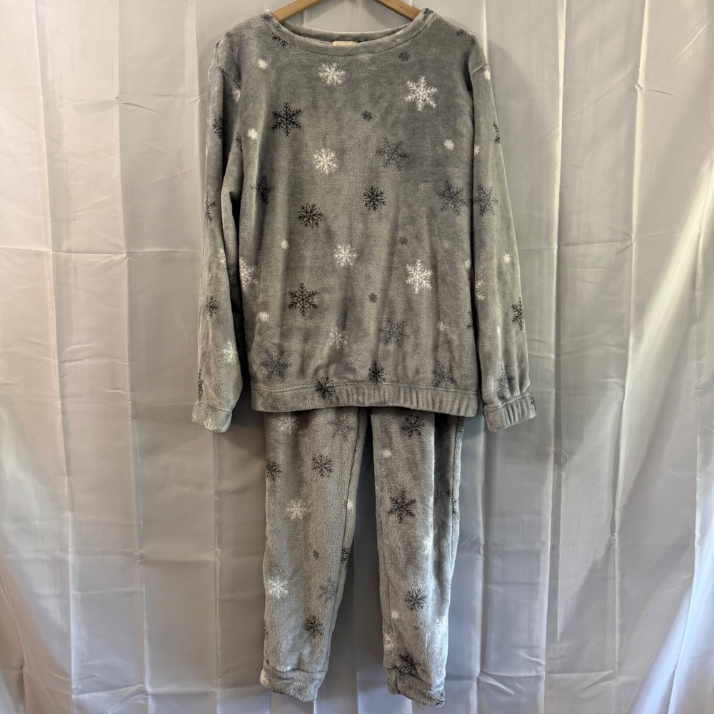 Womens Grey Snowflake Fleece Pajama Set Long Sleeve Joggers Fluffy Soft Warm L